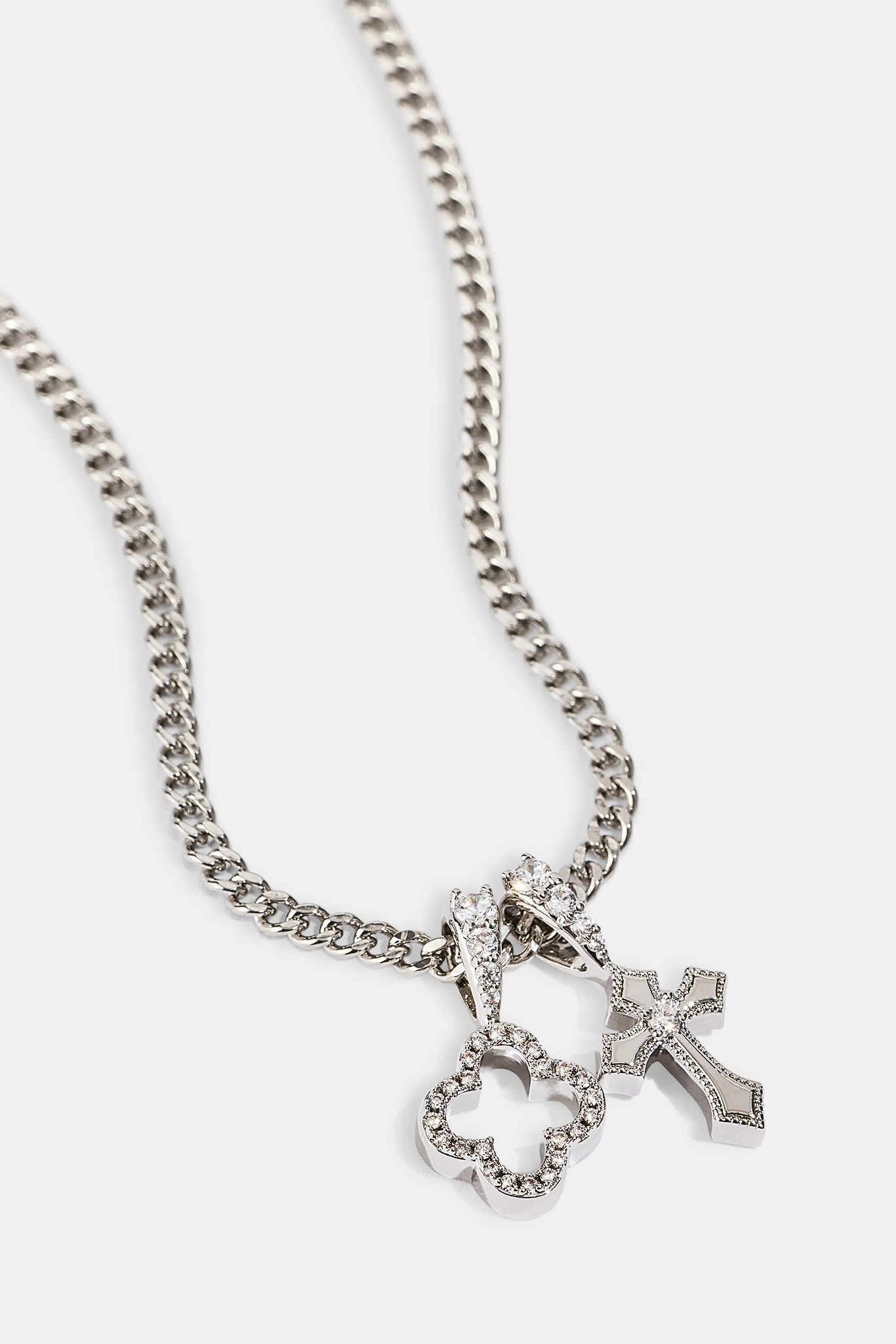 Iced Motif & Cross Pendant Necklace - 10mm - White